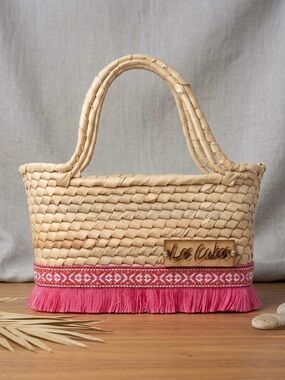 Boho Fringe Pink Trim Woven Straw Mini Tote